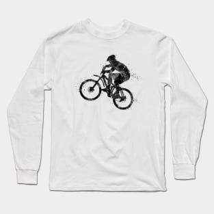 Boy Mountain Bike Cycling Black and White Silhouette Long Sleeve T-Shirt